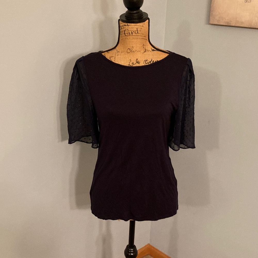 LOFT Dark Blue Blouse with Sheer Sparkly Dot Sleeve Women Size Small